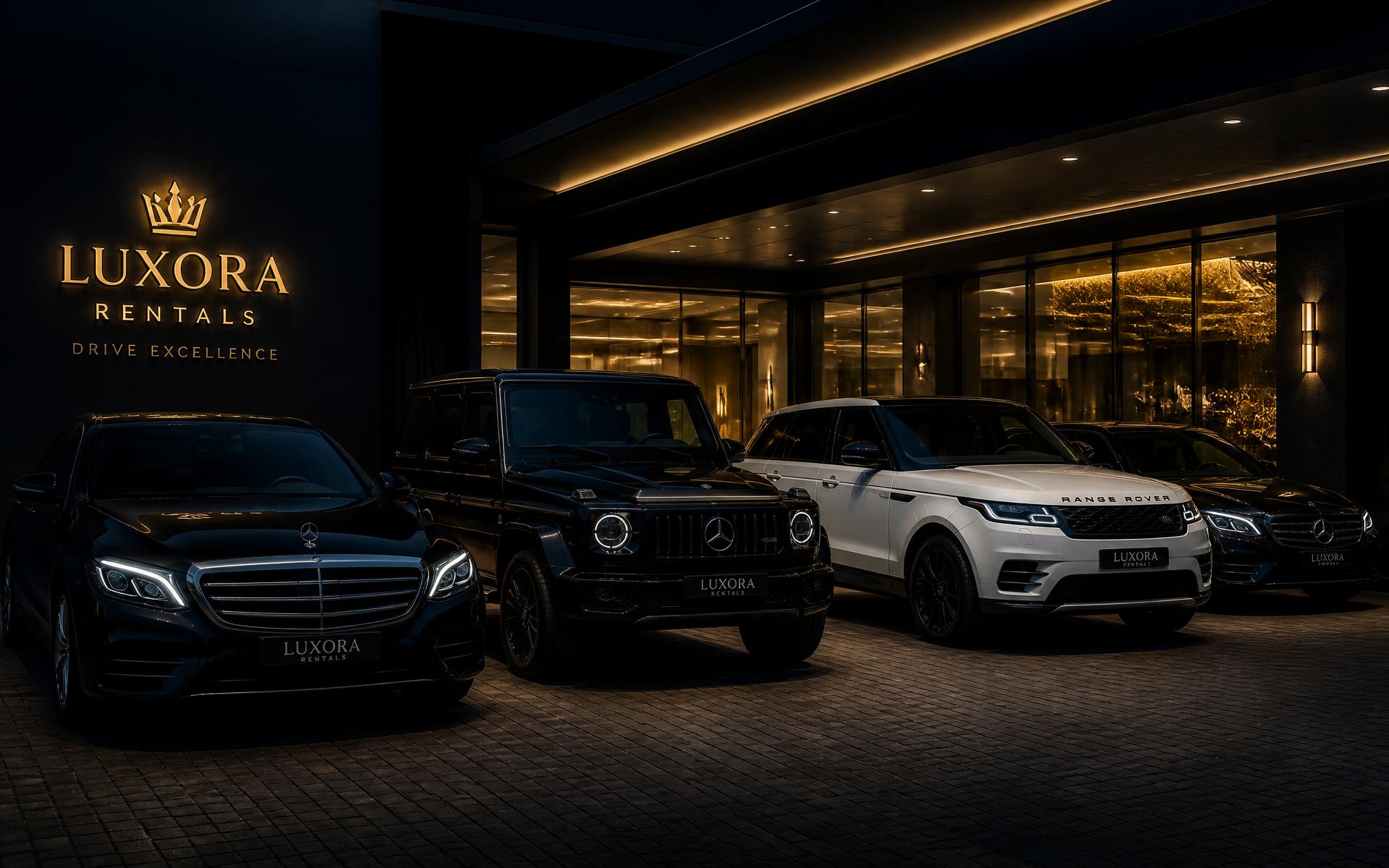 Flotte de voitures de luxe devant une agence de location premium